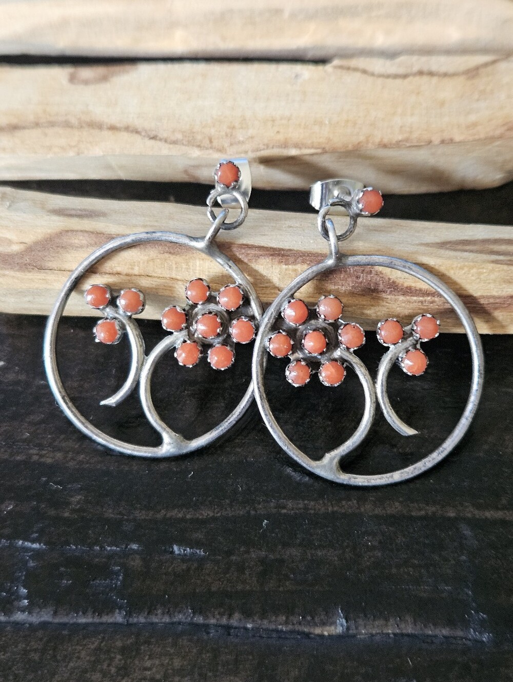 Vintage Zuni Coral Sterling Silver Flower Earrings